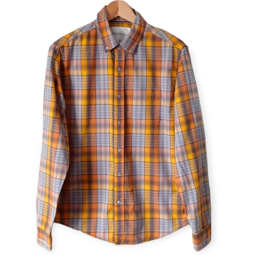 AÉROPOSTALE MEN'S YELLOW PLAID LONG SLEEVE BUTTON UP RELAXED SHIRT.SIZE S/P